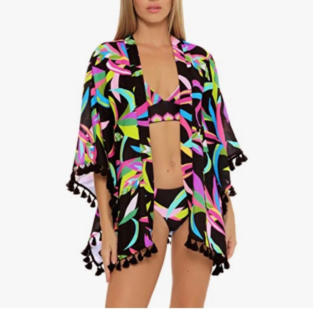 Trina Turk Birds Of Paradise Fringe Kimono Swim Cover Up One Size NWT - Picture 3 of 13